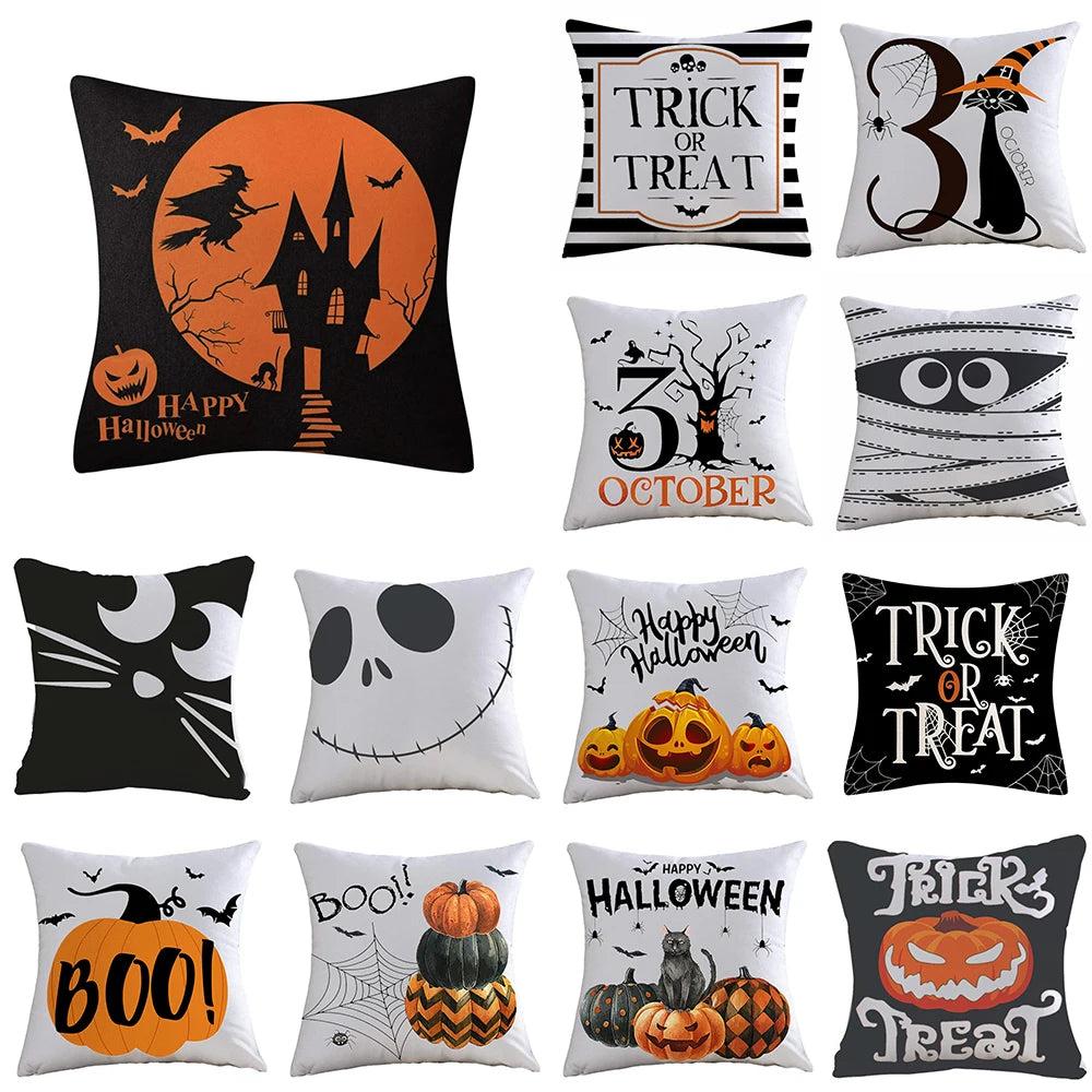 Halloween Happy and Cute Ghost Pumpkin Bat Print Cushion Cover Home Living Room Sofa Decoration Pillow  45x45cm