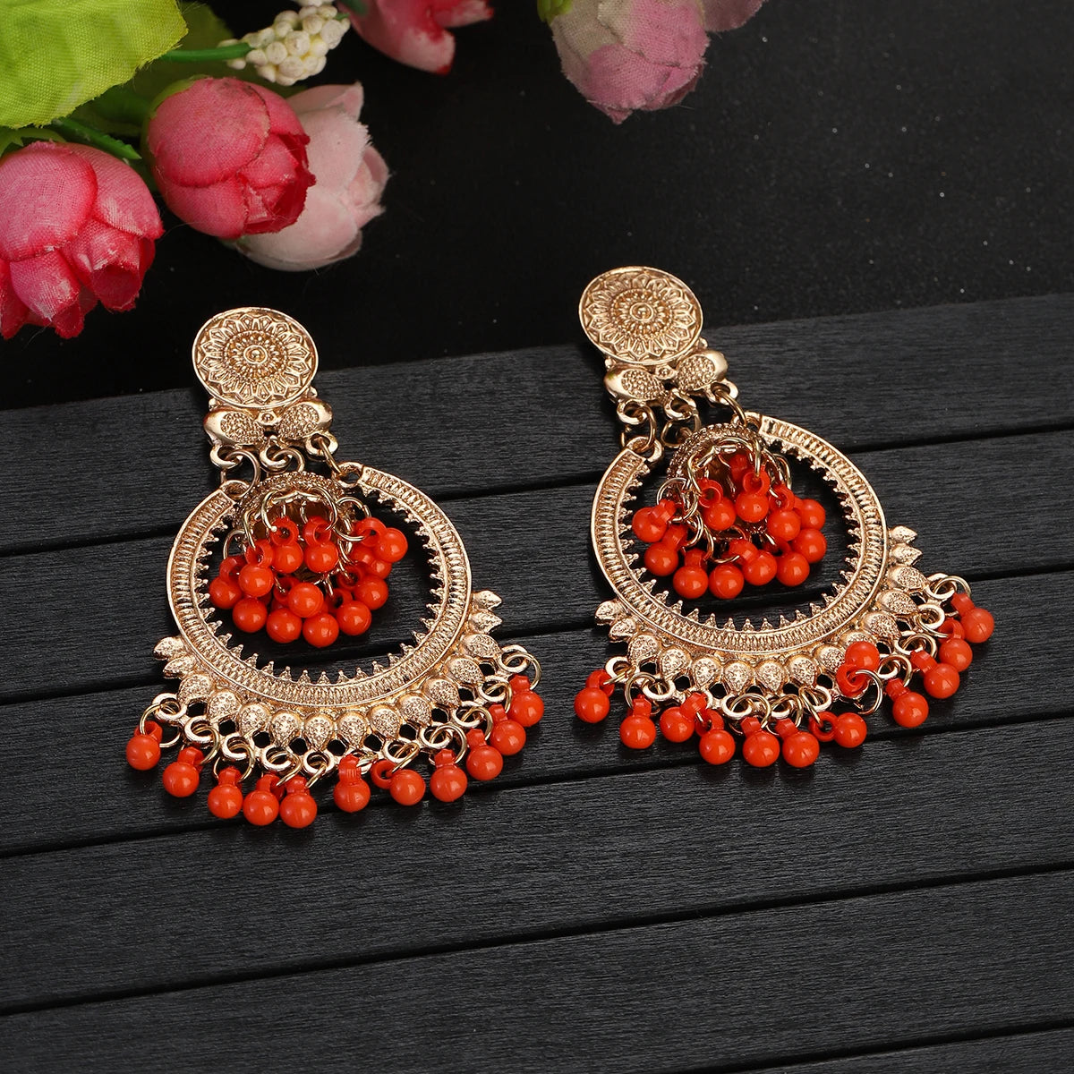 Classic Vintage Gold Round Dangle Earrings for Women - Bohemian Flower Bells, Pearl Tassel Jhumka