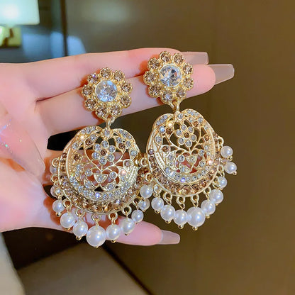 Medieval Vintage Hollowed Out Rhinestone Flower Pearl Tassel Drop Earrings - French Retro Court Style High-end Jewelry