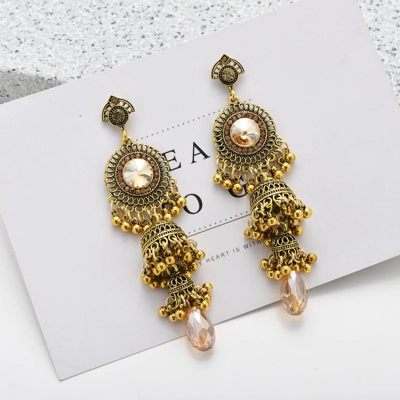 Bollywood Jhumka Oxidized Indian Earrings for Women - Water Drop Jewelry, New Fashion Retro Palace Ethnic Green Zircon Earrings