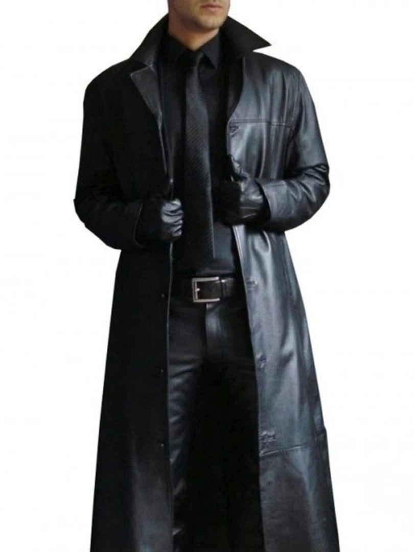 Men Faux Leather Trench Fashion Long Sleeve Autumn Windbreaker Coat Slim Leather Long Leather Jacket Men's Jacket Outwear