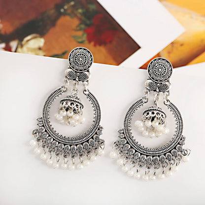 Classic Vintage Gold Round Dangle Earrings for Women - Bohemian Flower Bells, Pearl Tassel Jhumka