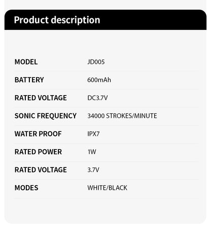 Jianpai Adult Black White Classic Acoustic Electric Toothbrush Adult 5-gear Mode USB Charging IPX7 Waterproof Acoustic Electric