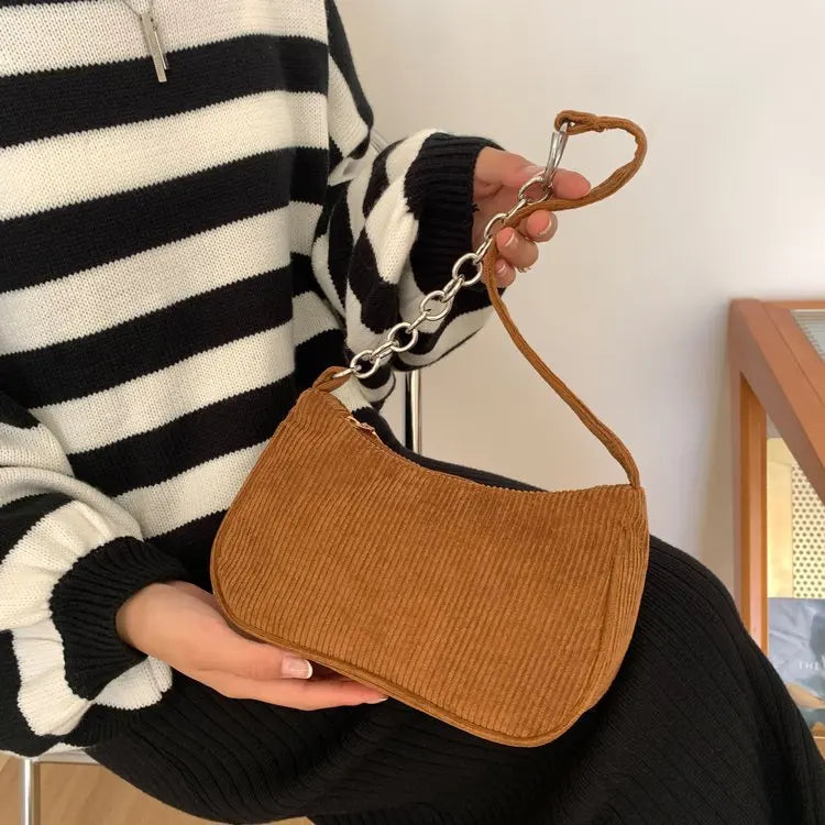 Autumn And Winter New Portable Small Square Bag Stuffed Shoulder Fashion Retro Corduroy Underarm Baguette Bag Handbag