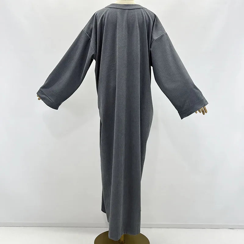 Corduroy Abaya Winter With Side Pocket Thick Warm Ramadan Islamic Clothing High Quality Muslim Women Long Sleeve Modest Dress