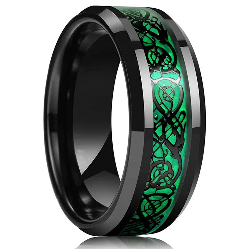 10 Colors 8mm Men's Stainless Steel Celtic Dragon Ring Inlay Red Green Black Carbon Fiber ring Wedding Band Jewelry Size 6-13