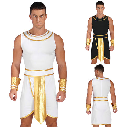 Ancient Mens Egypt Priest Role Play Costume Egyptian Pharaoh Cosplay Dresses Sleeveless Dress with Cuffs Halloween Dress Up