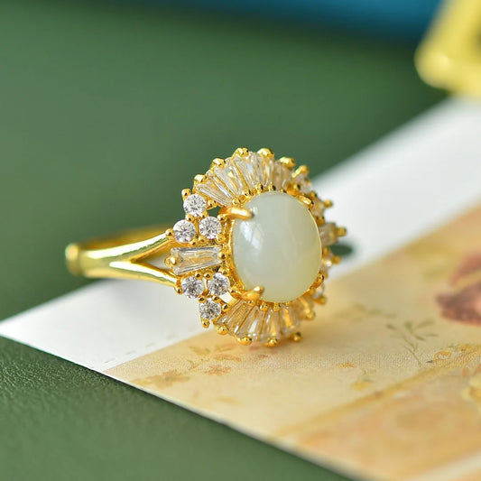 Luxurious Floral Jewelry: Adjustable Women's Ring with White Gemstone, Perfect for Engagement or Wedding, Featuring Natural Hetian Jade and Rhinestones