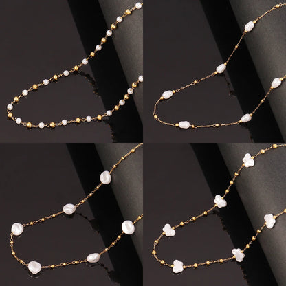 Stainless Steel Imitation Pearl Chain Necklace for Women - Fashion Gold Color Beads Jewelry