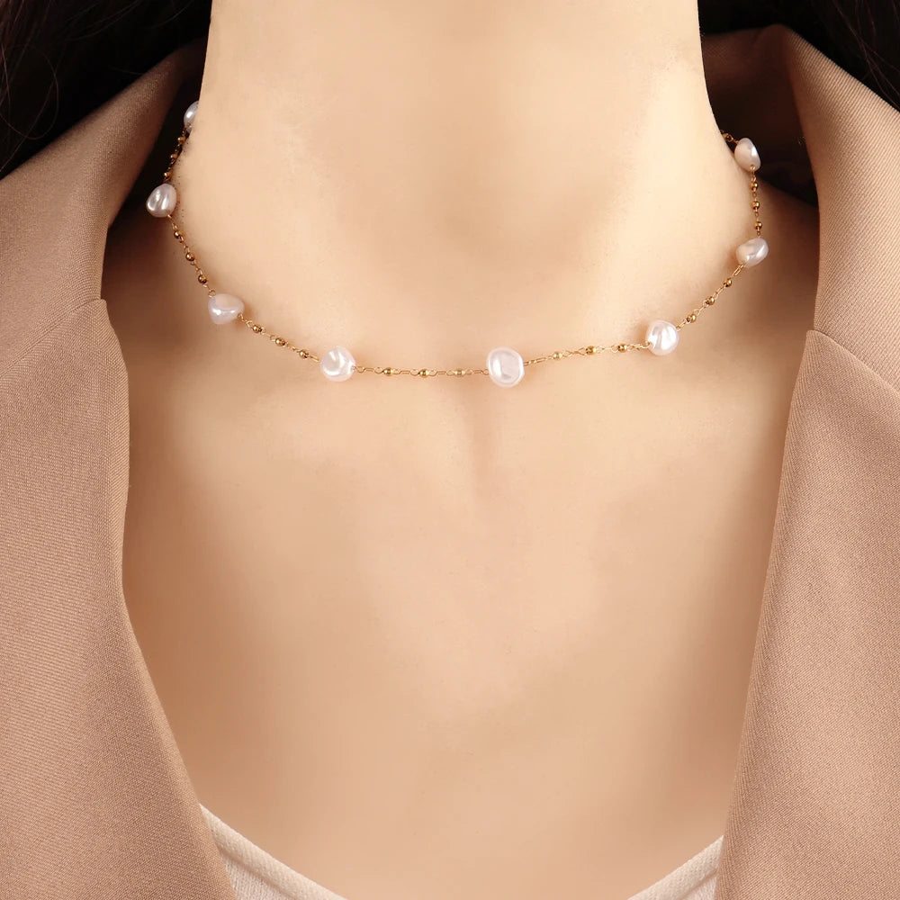 Stainless Steel Imitation Pearl Chain Necklace for Women - Fashion Gold Color Beads Jewelry