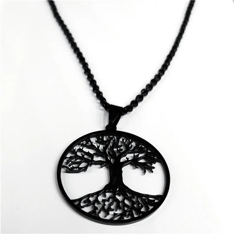 Tree of Life Stainless Steel Long Necklace for Men Black Color Necklaces & Pendants Jewelry