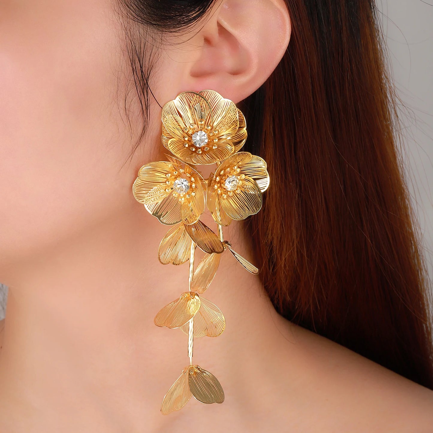 Fashion Rhinestone Flower Pendant Long Tassel Earrings - Trendy Exaggerated Hanging Earrings, Perfect Party Jewelry Accessories