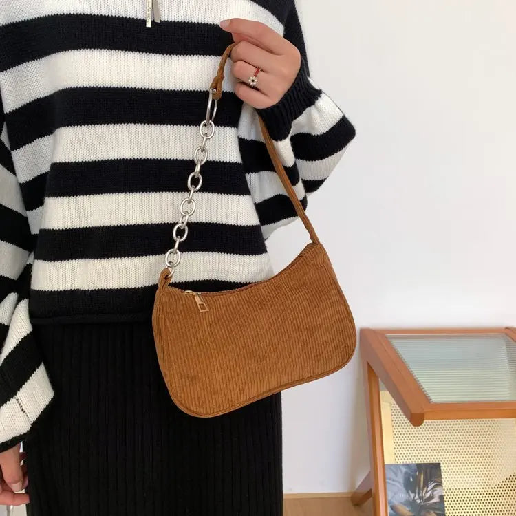 Autumn And Winter New Portable Small Square Bag Stuffed Shoulder Fashion Retro Corduroy Underarm Baguette Bag Handbag