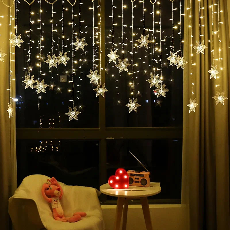 Christmas Decorations 2024 Snowflake Window Curtain Garlands Led Icicle Fairy Lights Flashing 8 Modes EU-Plug New Year