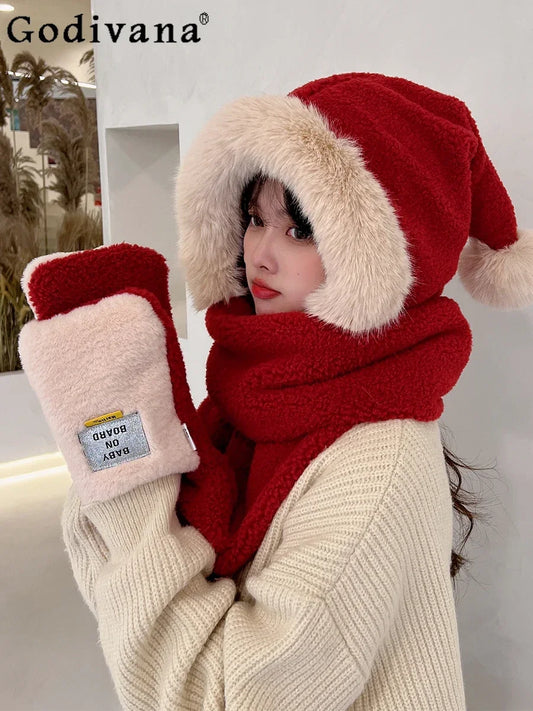 Christmas Party Sweet Cute Plush Faux Fur Red Beanies for Women Winter Fashion Warm Hat Scarf Gloves One-piece Y2k Accessories