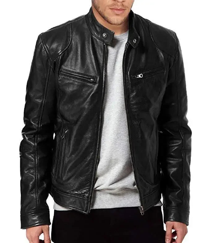 Men's Stand Collar Slimming Leather Jacket Zipper Pocket Decoration, Leather Motorcycle Coat