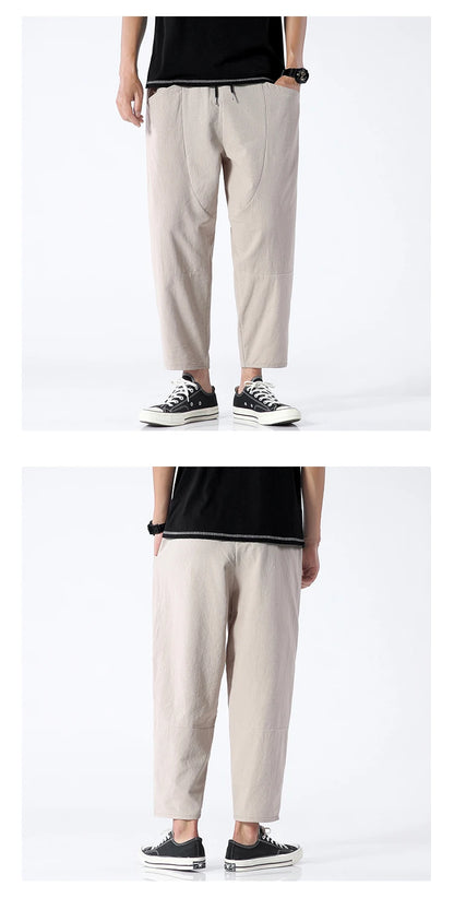 100% Cotton Summer Casual Pants for Men - Trendy Japanese Style Cropped Loose-Fit Pants, Available in Size 5XL