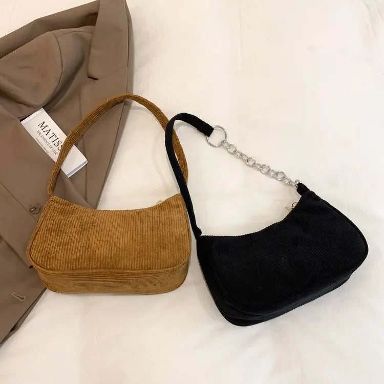 Autumn And Winter New Portable Small Square Bag Stuffed Shoulder Fashion Retro Corduroy Underarm Baguette Bag Handbag