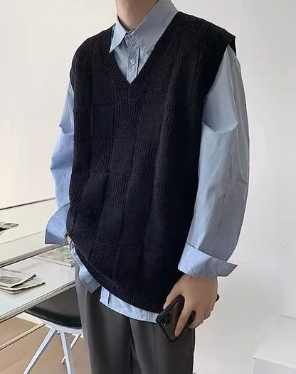 Men's Clothing Long Plaid Plain Knit Sweater Male Loose Fit Vest Sleeveless Waistcoat Solid Color Casual Maletry Japanese Retro