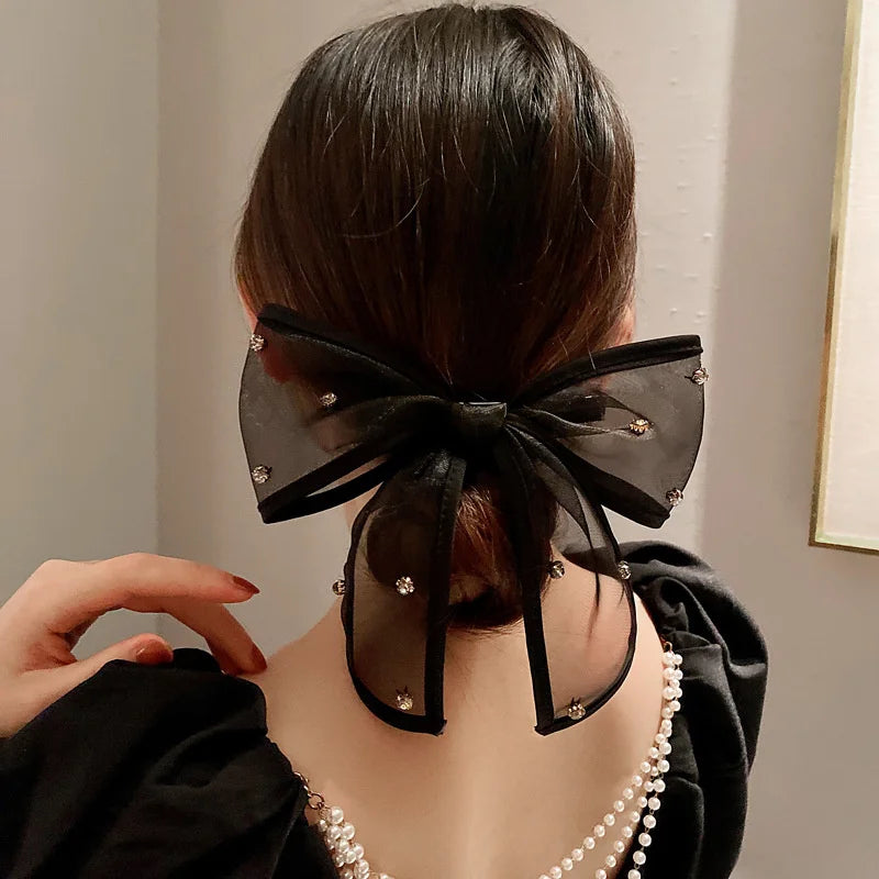 New Mesh Bow Hairpin - Simple Back Head Rhinestone Spring Clip