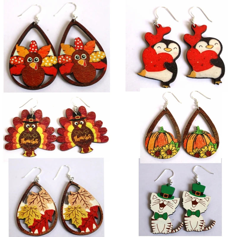 New Autumn Thanksgiving Wooden Earrings Pumpkin Turkey Waterdrop Pendant Earrings European American Halloween Jewelry