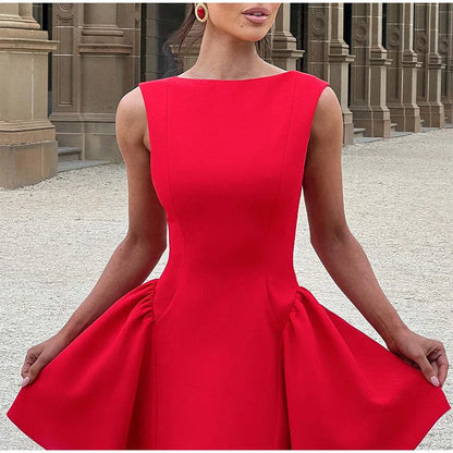 Women Red High Waist A-line Mini Dresses Elegant Zipper Backless Fashion O Neck Slim Fit Robes Sexy 2024 Autumn Club Party Gowns