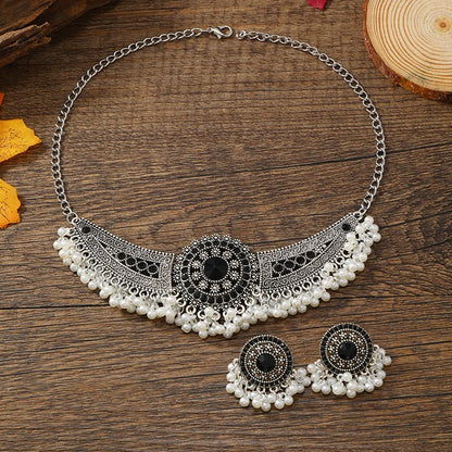 Afghan Black Crystal Choker Necklace and Earrings Jewelry Set - Bohemian Ethnic Tribal Indian Party Pearls