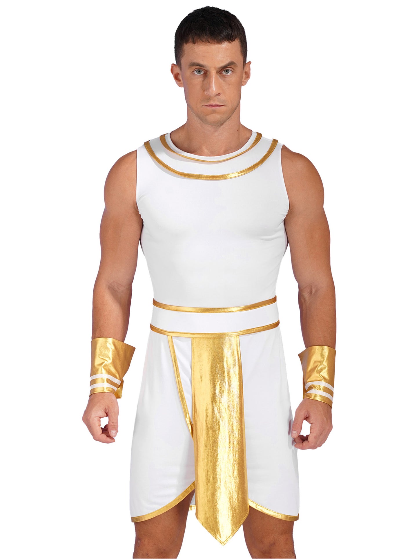 Ancient Mens Egypt Priest Role Play Costume Egyptian Pharaoh Cosplay Dresses Sleeveless Dress with Cuffs Halloween Dress Up