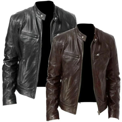 Men's Stand Collar Slimming Leather Jacket Zipper Pocket Decoration, Leather Motorcycle Coat