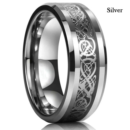 10 Colors 8mm Men's Stainless Steel Celtic Dragon Ring Inlay Red Green Black Carbon Fiber ring Wedding Band Jewelry Size 6-13