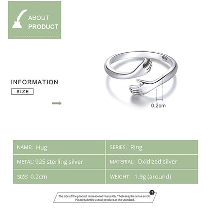 925 Sterling Silver Hug Warmth and Love Hand Adjustable Ring for Women Party Jewelry, His Big Loving Hugs Ring 3 Colors