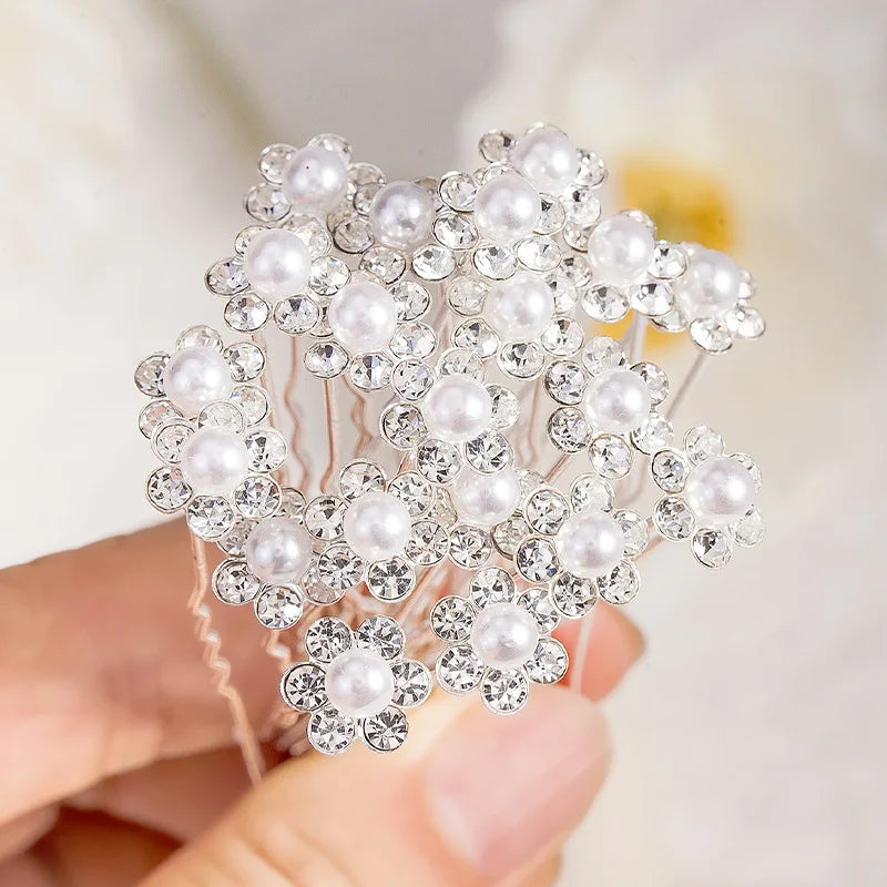 10 Pcs Fashion Wedding Bridal Pearl Flower and Clear Crystal Rhinestone Hair Pins