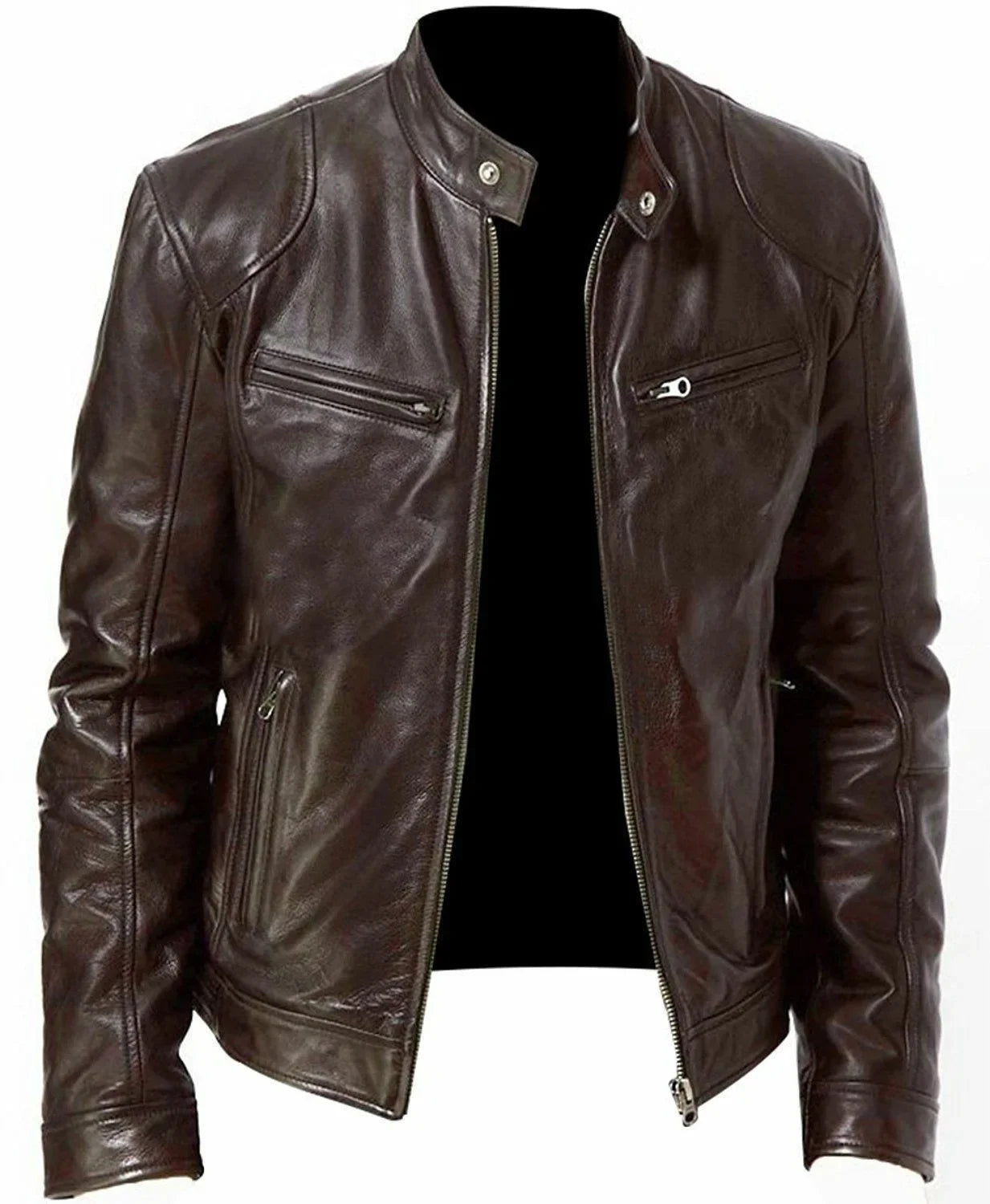 Men's Stand Collar Slimming Leather Jacket Zipper Pocket Decoration, Leather Motorcycle Coat