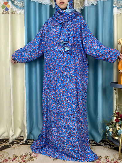 New African Muslim Women Hooded Abaya Turkey Cotton Prayer Garment Kaftan With Hijab Floral Prints Dubai Saudi Robe In Ramadan