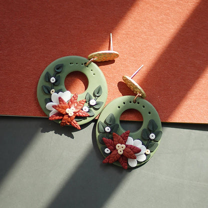 Handmade Crafts Molded Floral Christmas Holiday Multi Colors Shapes Wreath Polymer Clay Pattern Dangle Earrings Sets Jewelry