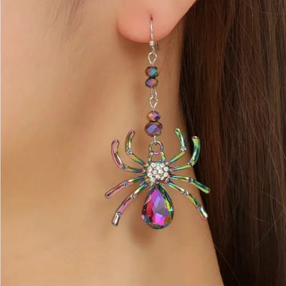 Colorful Spider Design Shiny Artificial Crystal Inlaid Dangle Earrings for Women Punk Metal Spider Earrings Halloween Jewelry