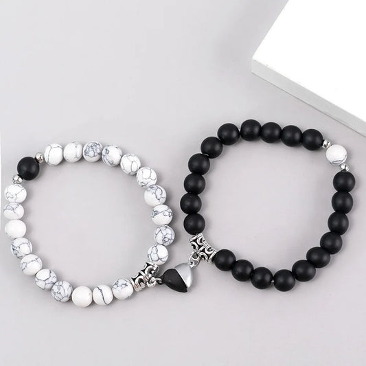 2Pcs/Set Beads Bracelet For Lovers Natural Stone Distance Heart Magnet Couple Bracelets Friendship Fashion Jewelry Gift