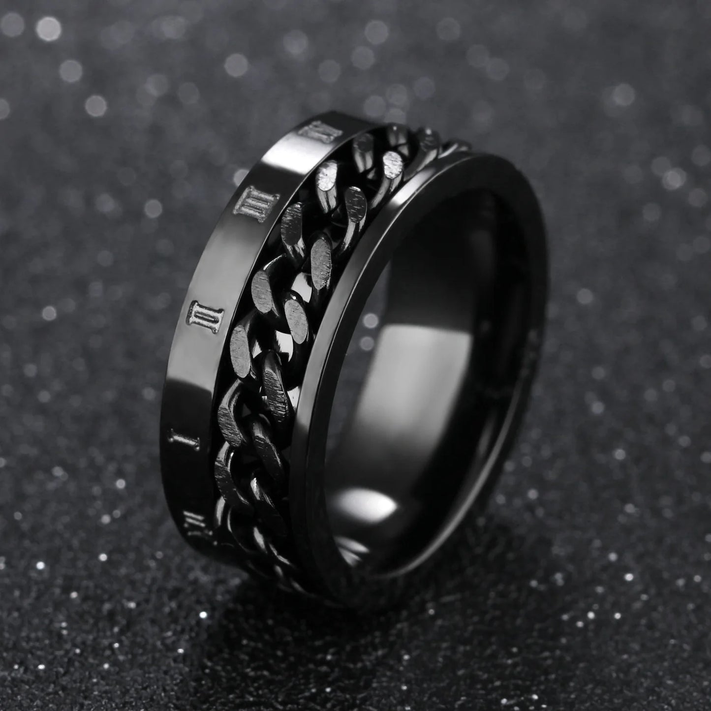 Roman Numerals Stainless Steel Chain Rotating Anxiety Black Rings For Men Fidget Metal Spinner Knuckle Ring