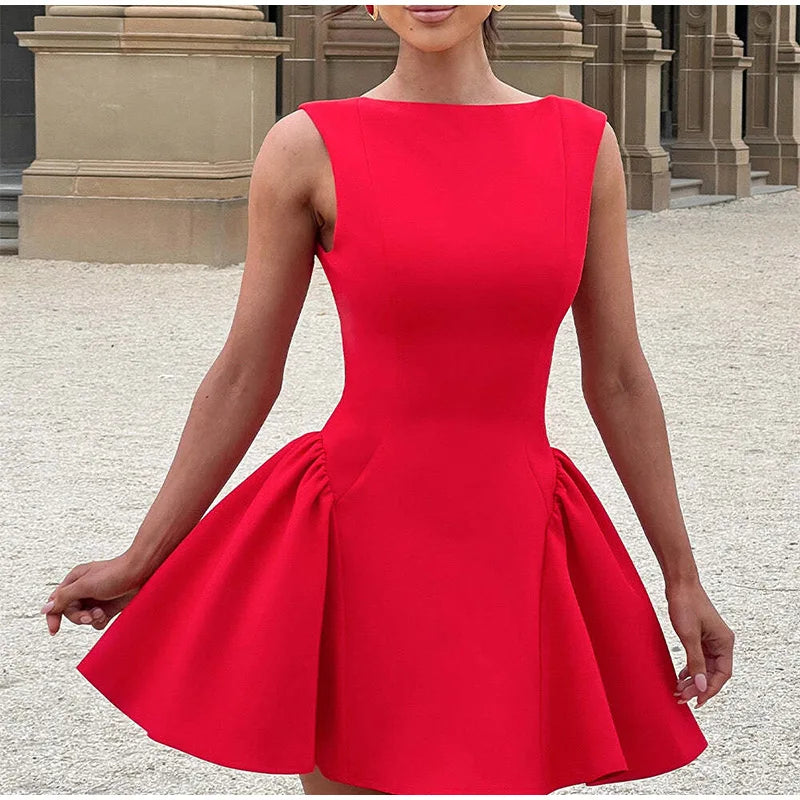 Women Red High Waist A-line Mini Dresses Elegant Zipper Backless Fashion O Neck Slim Fit Robes Sexy 2024 Autumn Club Party Gowns