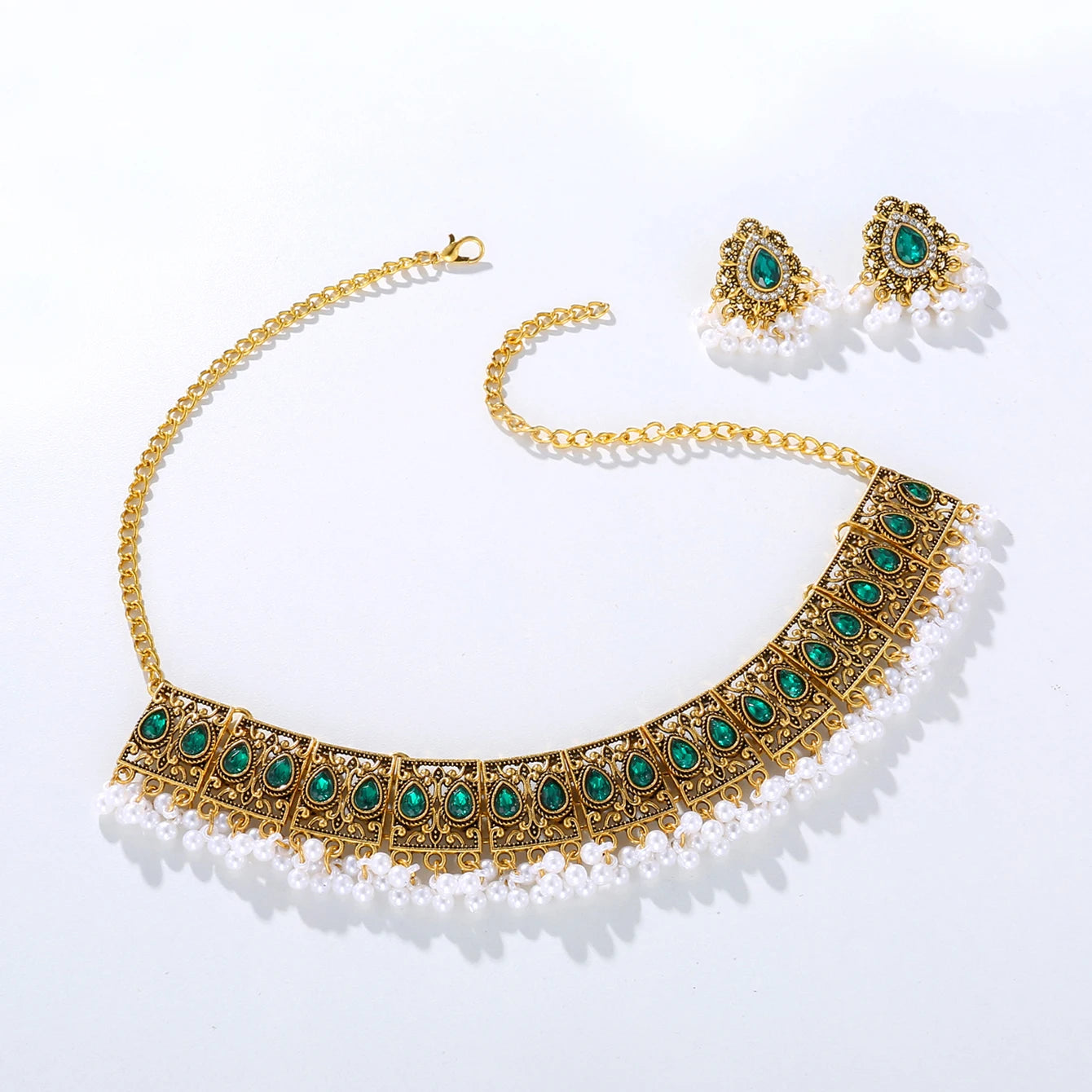 Luxury Vintage Indian Jewelry Set - Antique Gold Plated Crystal Zircon Necklace and Earrings