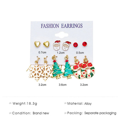 6 pairs/lot Christmas Earrings Xmas Tree Elk Snowman Santa Claus Cute Stud Earrings Set Kit Christmas Gifts For Women Girls Kids