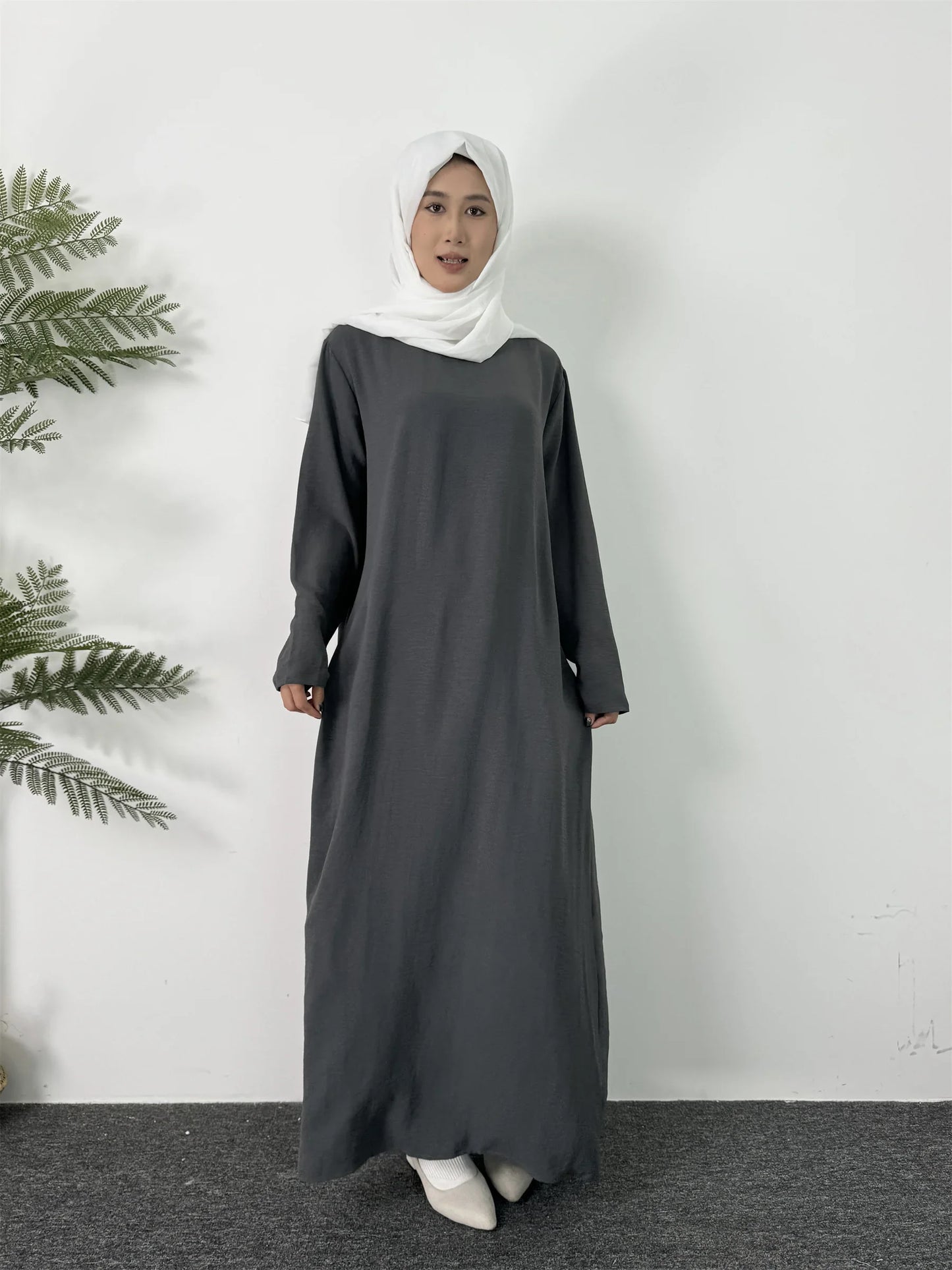 Women Long Dresses Ramadan Crew Neck Kaftan, Solid Elegant Long Sleeve Muslim Abaya Loose Maxi Dress, Women's Clothing