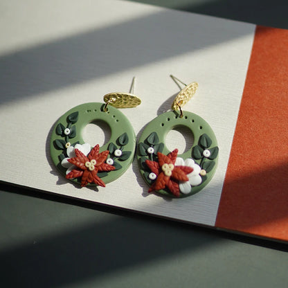 Handmade Crafts Molded Floral Christmas Holiday Multi Colors Shapes Wreath Polymer Clay Pattern Dangle Earrings Sets Jewelry