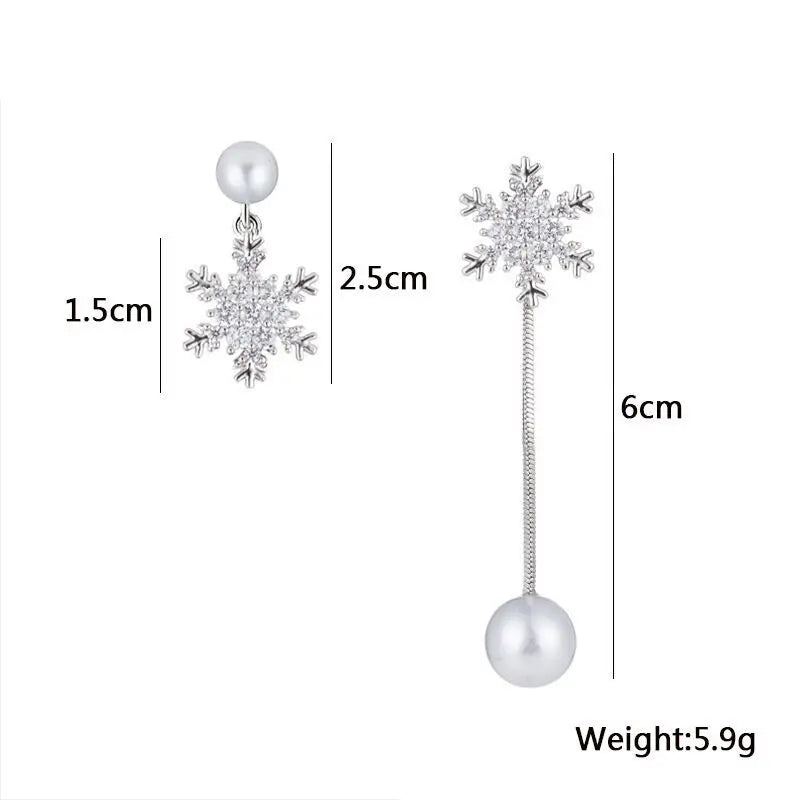 Elegant Asymmetric Pearl Dangle Earrings Luxury Crystal Snowflake Drop Earrings for Women Fashion Party Jewelry Christmas Gift