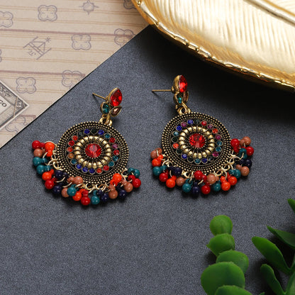 Vintage Crystal Flower Round Pendant Earrings - Ethnic Gold Indian Jhumka with Beads and Tassel