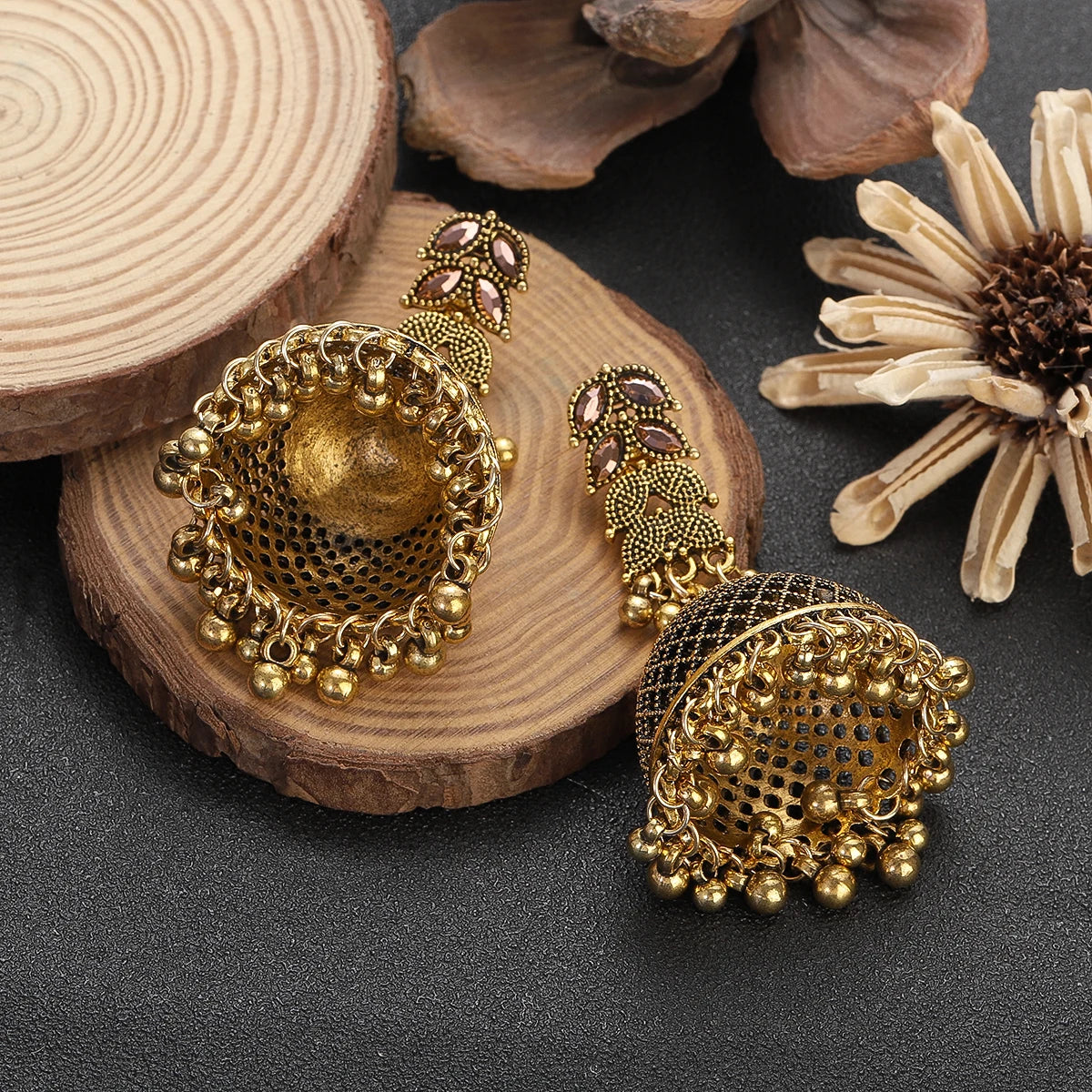 Ethnic Golden Hollow Bell Drop Tassel Earrings