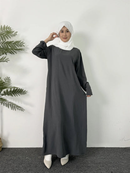 Women Long Dresses Ramadan Crew Neck Kaftan, Solid Elegant Long Sleeve Muslim Abaya Loose Maxi Dress, Women's Clothing