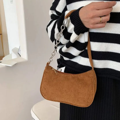 Autumn And Winter New Portable Small Square Bag Stuffed Shoulder Fashion Retro Corduroy Underarm Baguette Bag Handbag