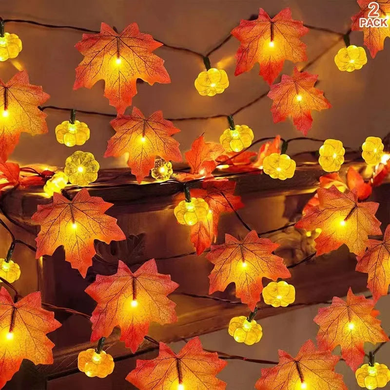 Artificial Autumn Maple Leaves Pumpkin Garland LED Fairy String Light Fall Thanksgiving Decorations Halloween Party DIY Supplies