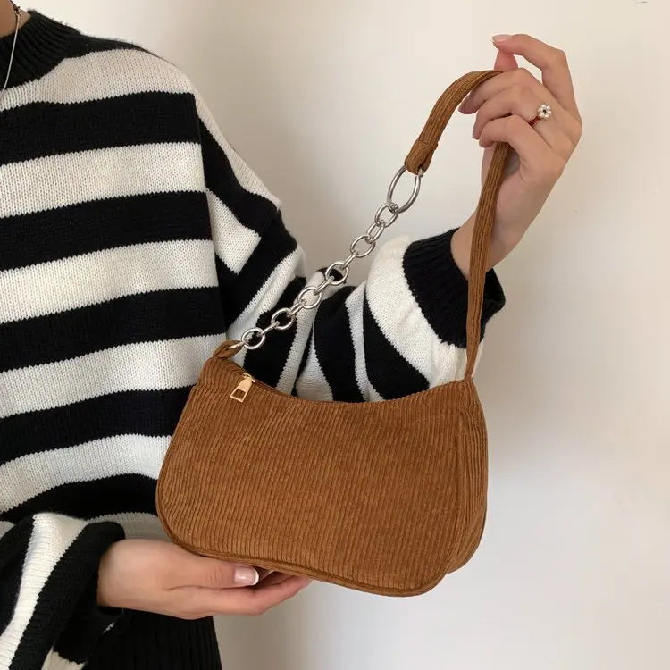 Autumn And Winter New Portable Small Square Bag Stuffed Shoulder Fashion Retro Corduroy Underarm Baguette Bag Handbag